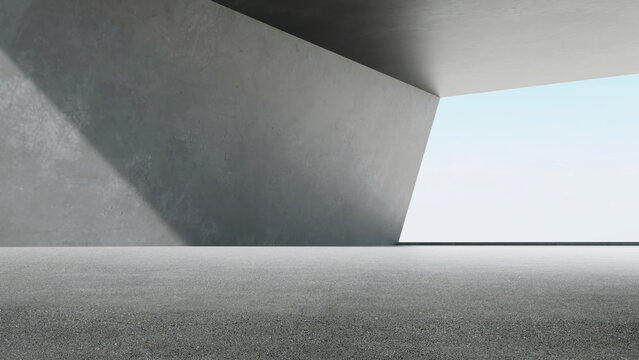 3d rendering of empty concrete room with sunlight through the large window. Abstract architecture with cement floor.