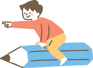鉛筆に乗って指をさしている少年_色