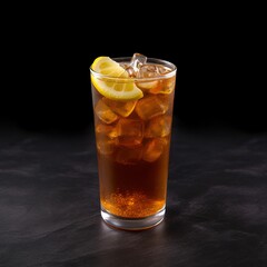 glass of cola with ice on isolated black background