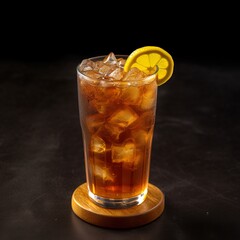 glass of cola with ice on an isolated black background
