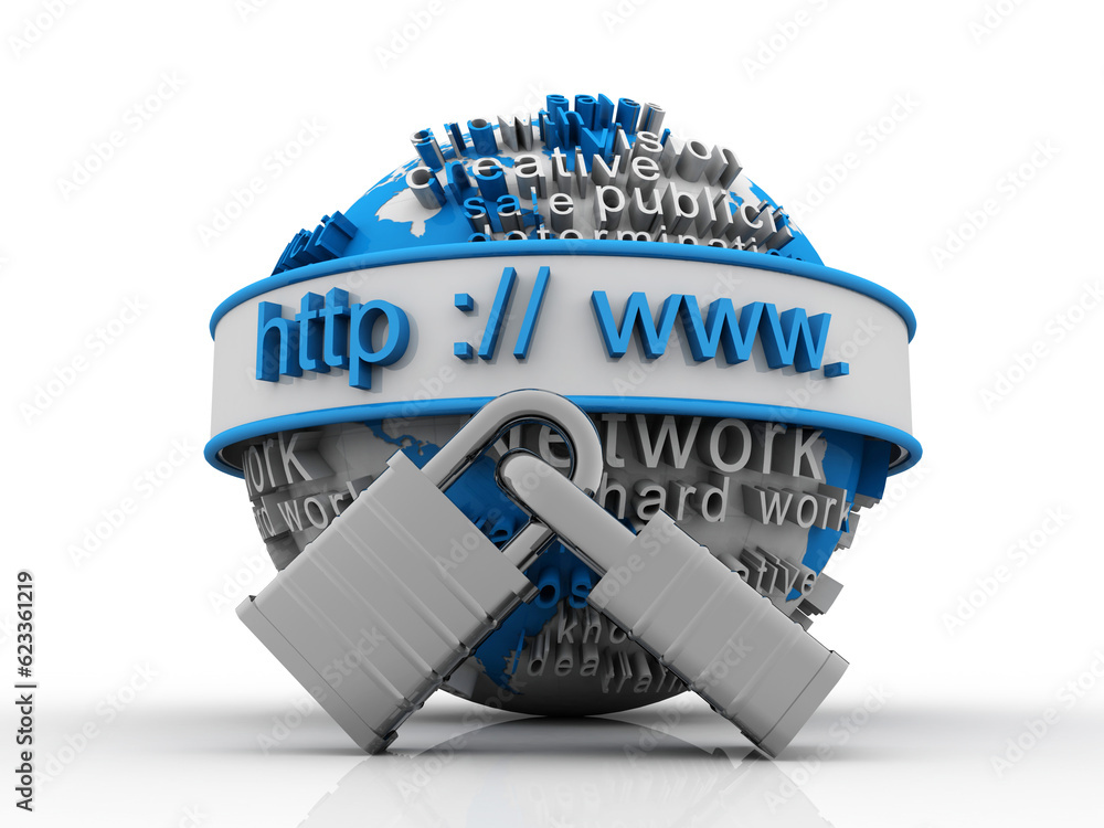 Poster 3d rendering https www sign on globe protected lock