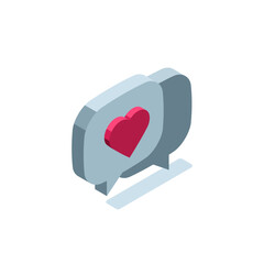 isometric text bubble icon with heart in color on white background, positive social media comments or likes