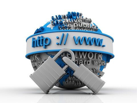 3d rendering https WWW sign on globe protected lock