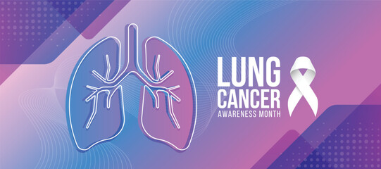 Lung cancer awareness month text and white ribbon sign on blue purple texture background and abstract modern lung sign vector design
