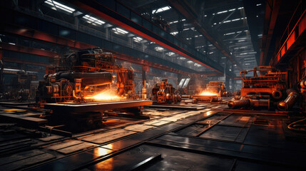 Industrial hall with cutting, welding machines and metal profiles