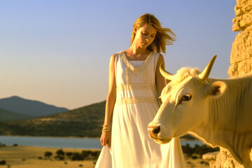 Enchanting European goddess in toga with beautiful white bull, captured amidst sun-drenched Greek scenery. Generative AI