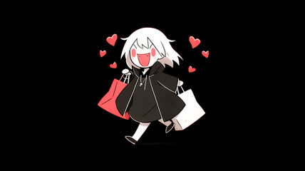 Cute illustrated vampire holding shopping bags, out buying Christmas presents on Black Friday. Black background. Created with Generative AI.