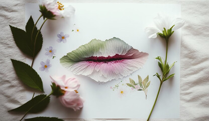 Generative AI, kiss, imprint of female lips on a white sheet of paper surrounded by spring colorful flowers, love, tenderness, feelings, valentine's day, postcard