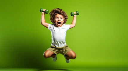 Playfully determined child with oversized dumbbell on vibrant green backdrop, embodying ambition and inspiration. Generative AI