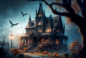 Fototapeta na wymiar Gothic castle. Scary night Halloween landscape. Halloween party. design illustration. Generative AI