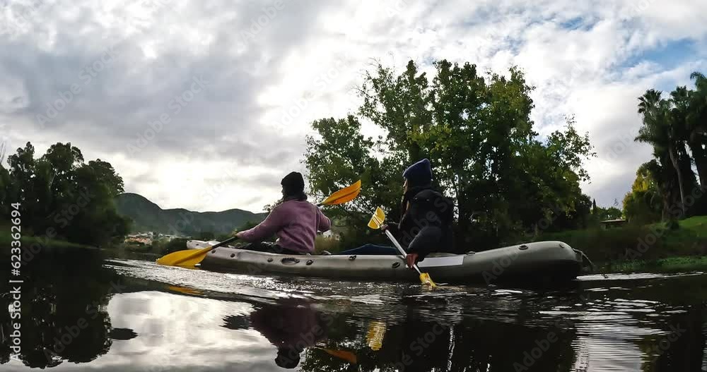 Canvas Prints Lake, kayak and travel with people rowing outdoor in nature for adventure or camping in the wilderness. Water sports, river and vacation with friends bonding in the forest or woods for freedom