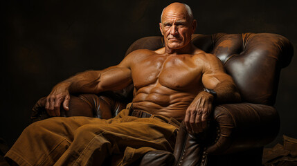 Fototapeta na wymiar Inspiring senior bodybuilder showcasing well-maintained physique, relaxed in bronze earthy backdrop. Testament to lifelong fitness dedication. Generative AI