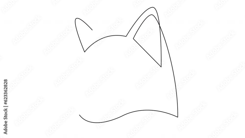 Poster self drawing animtaion of single continuous line draw cute kitten cat head icon. animated one line f