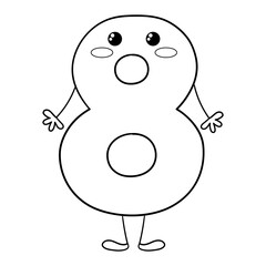 Illustration in black and white of number eight in Kawaii style with a surprised attitude, design for t-shirt, clipart