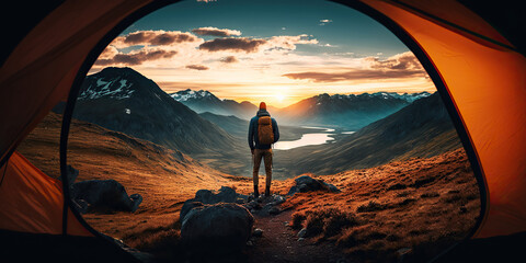ai generated illustration man camping with mountain and sunset, sunrise, outdoor recreation