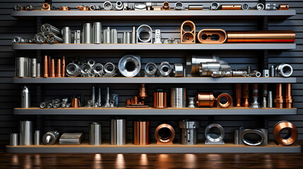 Shelves of different metal products