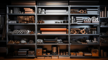 Shelves of different metal products