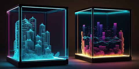 ai generated illustration miniature neon ciity in a glass box