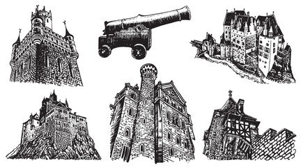 Graphical set of  fortresses and medieval gun isolated on white background. Vector illustration, architecture