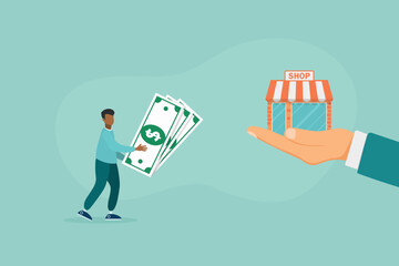 Franchise concept. Investor buys the store by agreement. Money in exchange for property rights. Purchase of an idea and license. Profitable franchise business. Vector illustration flat design.
