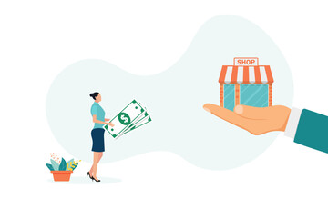 Franchise concept. Investor buys the store by agreement. Money in exchange for property rights. Purchase of an idea and license. Profitable franchise business. Vector illustration flat design.
