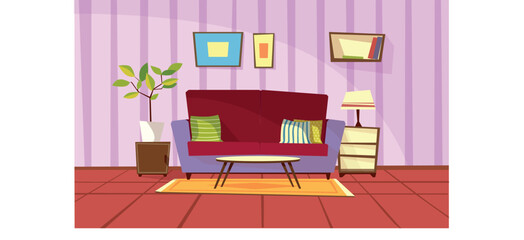  sofa, frames picture. Living room interior. Flat style vector illustration