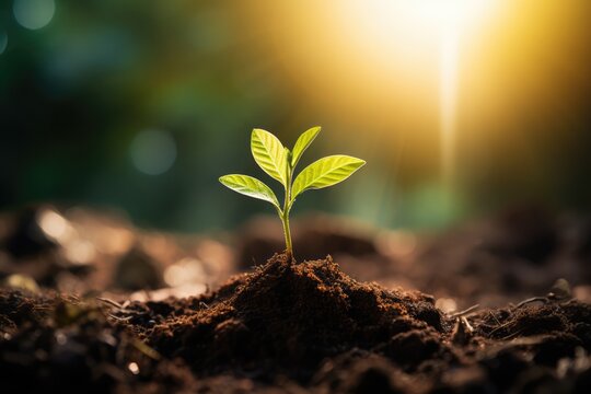 Green seedlings grow in the soil, concept image of plant growth and environmental protection - Powered by Adobe