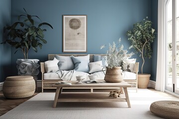 Light grey living room sofa decorated with pillows, a lamp, a bag and a plant in front of a natural stone wall. Generative AI