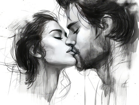 Romantic depiction of a heterosexual couple sharing an intimate kiss. Stark black-white contrasts enhance emotion and create timeless appeal. Generative AI