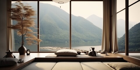 Fototapeta premium AI Generated. AI Generative. Classic vintage traditional asian chinese japanese interior minimalistic style with big window view on nature outdoor landscape. Forest and mountains. Graphic Art
