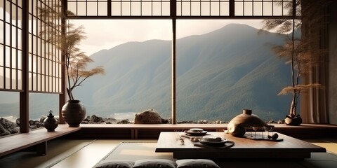 AI Generated. AI Generative. Classic vintage traditional asian chinese japanese interior minimalistic style with big window view on nature outdoor landscape. Forest and mountains. Graphic Art