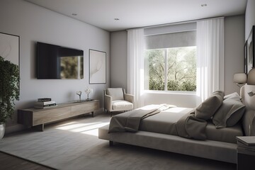 Stylish interior of comfortable bedroom. Generative AI