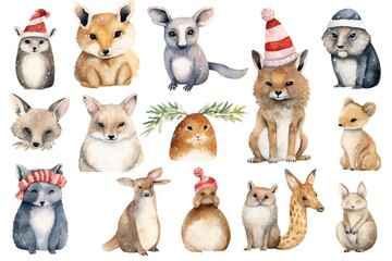 Watercolor christmas animals clip art on white background Generative AI