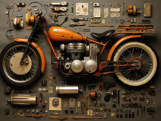 Top view illustration picture featuring a bicycle and its components. Beautiful layout. Generative AI