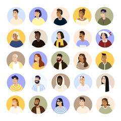 Modern circle avatars set. Characters faces, head portraits. Women and men heads in flat style. Vector illustration EPS10