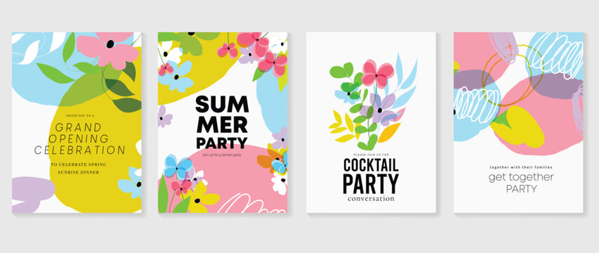 Set of abstract floral invitation card background vector. Hand drawn vibrant color botanical flower and leaf branch cover. Design illustration for flyer, poster, banner, brochure, wedding, birthday.