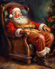 Oil painting of Santa Claus sleeping in a chair