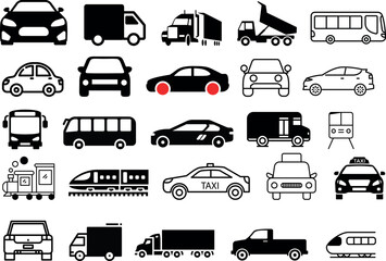 Transportation Icon Vector Set - Car, Bus, Taxi, Train, Cab.A collection of transportation icons vector. This set includes icons of car, bus, taxi, train, cab and more.use for print or graphic design 