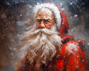 Oil painting of Santa Claus standing in the snow