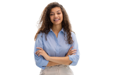 Attractive business woman looking at camera and smiling while standing on a transparent background
