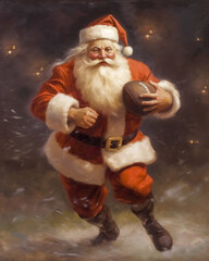 Oil painting of Santa Claus running playing football