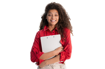 Fototapeta premium Businesswoman in red shirt standing with documents on a transparent background