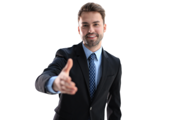 Business man with an open hand ready to seal a deal on a transparent background