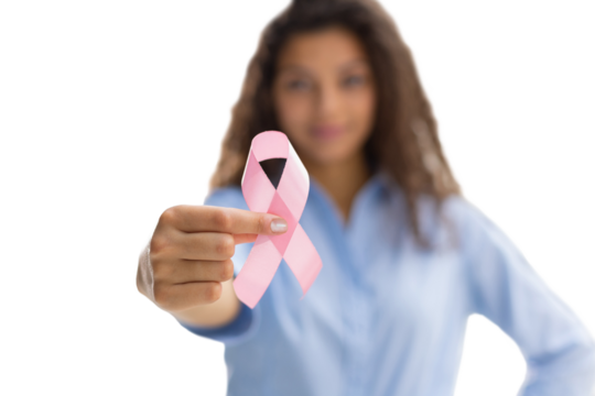October breast cancer awareness month, woman with hand holding pink ribbon for supporting people living and illness on a transparent background