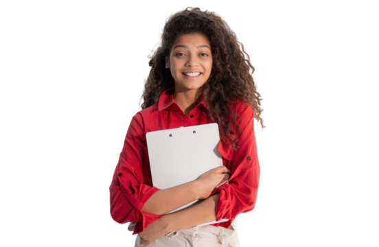Businesswoman in red shirt standing with documents on a transparent background