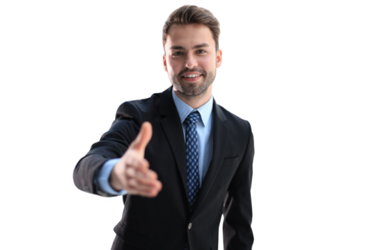Business man with an open hand ready to seal a deal on a transparent background