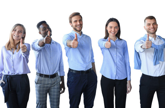 Happy businesspeople standing showing thumb up on a transparent background
