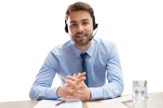 Smiling friendly handsome young male call centre operator on a transparent background