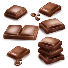 Chocolate. Pieces, shavings. 3D realistic vector set, horizontal and vertical splash of chocolate