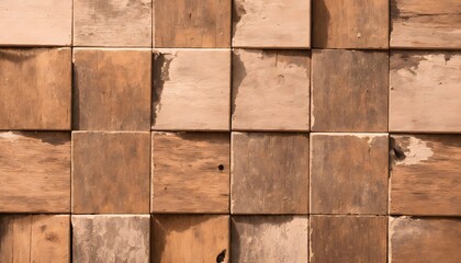 Interior wooden wall background, wood texture mosaic boards. Background made of wooden squares. Generative AI